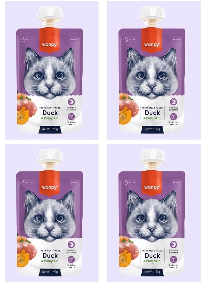 Wanpy Tasty Meat Paste with Duck & Pumpkin, a lickable cat treat - (4 × 90g Pouches) - Image 1